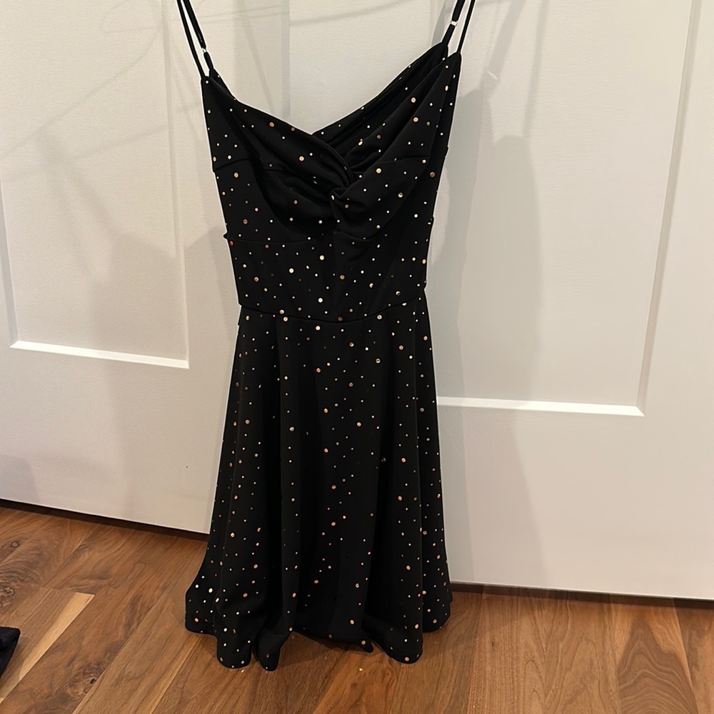 Lucy in the Sky – Savanna Fit and Flare Dress in Black and Gold Polka Dot